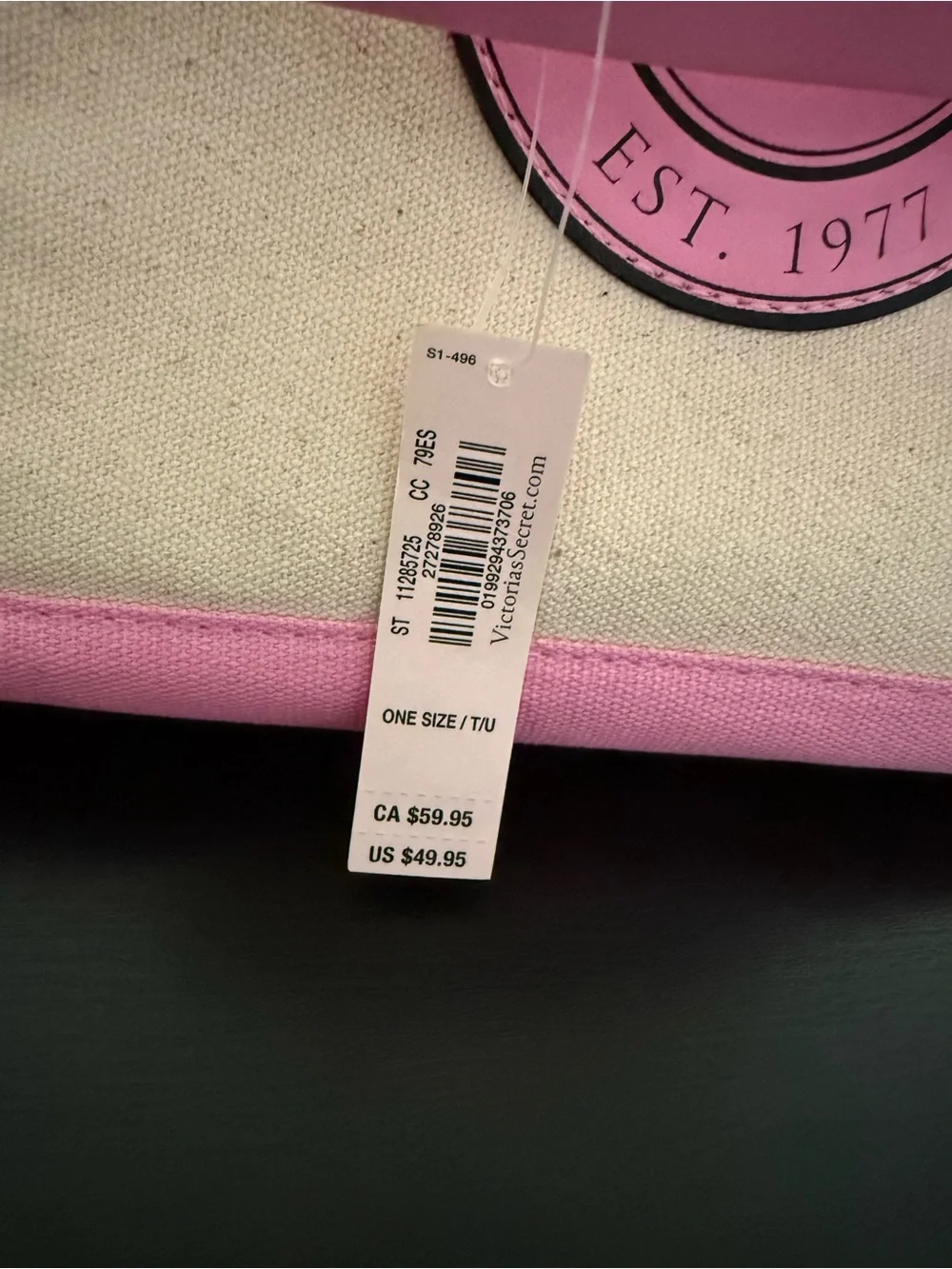 Victoria's Secret NWT pink and cream canvas tote bag with pink striped trim.